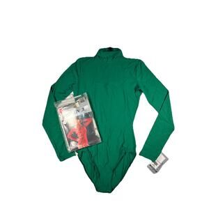 Vintage Danskin Long Sleeve Turtleneck Zip Back Green Leotard Made In USA Med